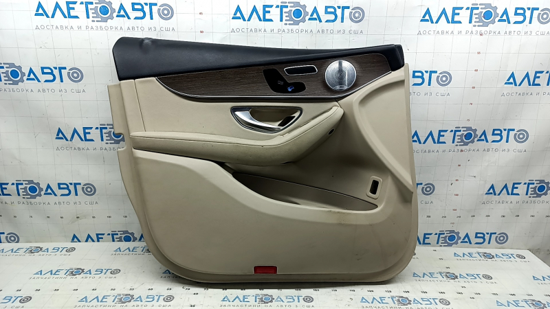 Front left door panel for Mercedes GLC 16-22, beige leather, wood grain insert, Burmester, beige leather armrest, illuminated, ready to clean