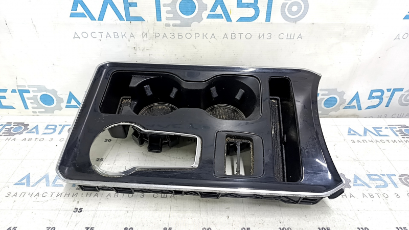 Ford Edge 19-24 center console trim with cup holder, black, under parking sensors, scratches, chrome peeling, needs cleaning