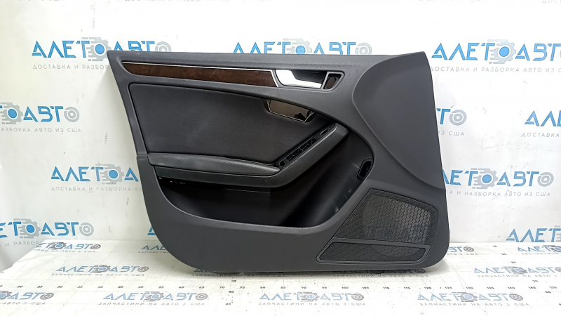 Front left door panel for Audi A4 B8 13-16, black, with black leather insert, black leather armrest, dark wood molding, scratches, nicks
