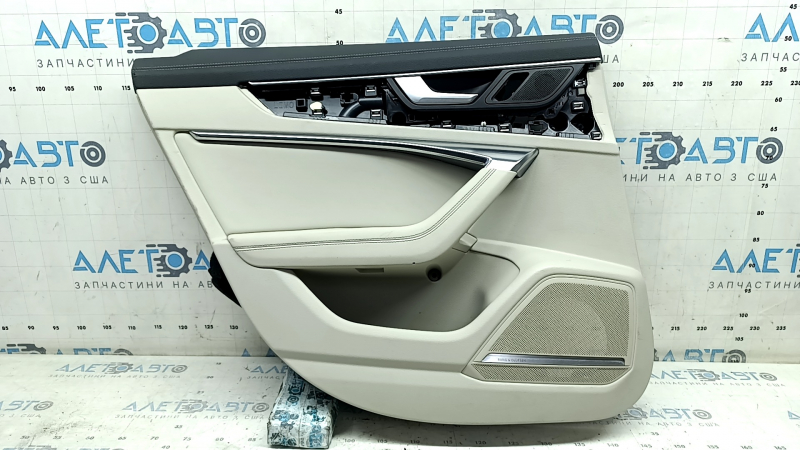 Door trim card rear left Audi A6 C8 19-24 light gray, without curtain, insert light gray leather, armrest leather light gray, upper leather dark gray, molding chrome with backlight, Bang & Oluf, with