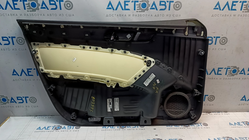 Door trim, front right, VW Passat b7 12-15 USA, black with black leather insert, leather armrest, glossy gray molding, dented, missing fragment, cracks