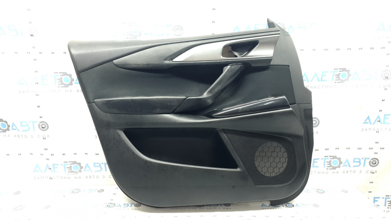Mazda CX-9 16-19 front left door panel trim, black with black velour insert, black leather armrest, gray molding, scuffs, scratches