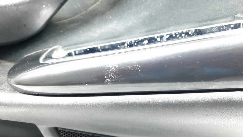 Mazda CX-9 16-19 front left door panel trim, black with black velour insert, black leather armrest, gray molding, scuffs, scratches