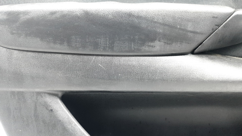 Mazda CX-9 16-19 front left door panel trim, black with black velour insert, black leather armrest, gray molding, scuffs, scratches