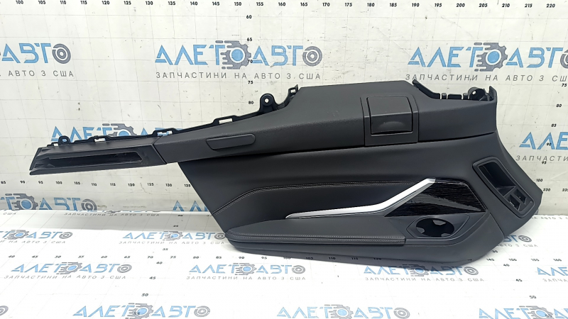 BMW X7 G07 19-22 rear left upper arch trim, Vernasca leather, Schwarz, Fineline/metal wood insert with molding, black leather armrest, dented, scratches, bumps, broken fastener