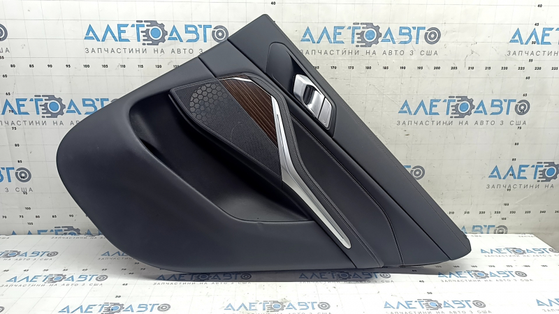 Door trim panel rear right BMW X5 G05 19-22 black leather without curtain, Fineline Stripe wood insert, black leather armrest, with handle and overlays, dent, scratches