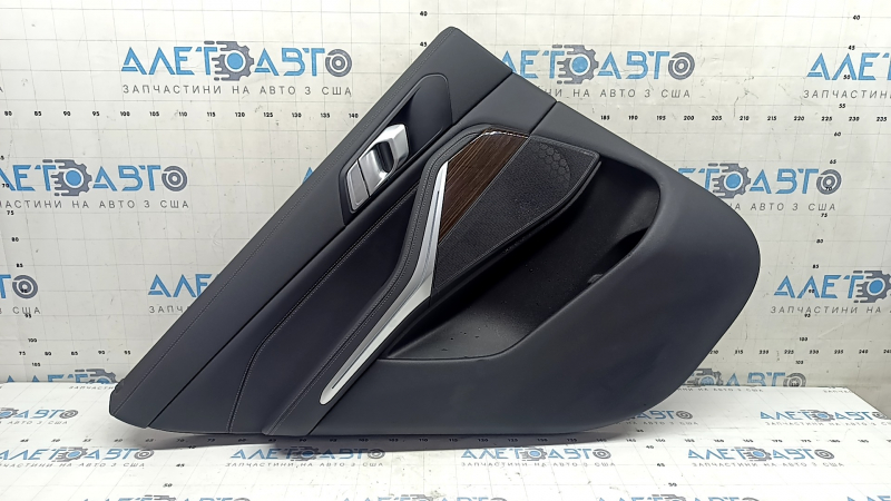 Door trim, rear left, BMW X5 G05 19-22, black leather, without curtain, Fineline Stripe wood insert, black leather armrest, with handle and overlays, dent, scratches