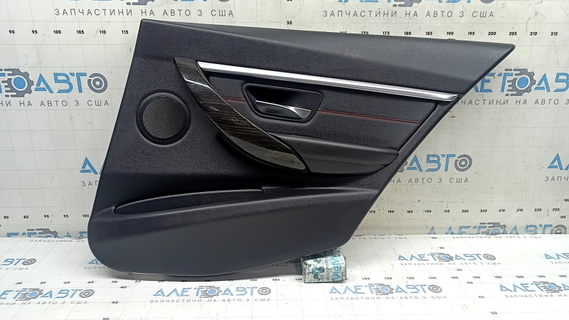 Black rear right door panel, complete BMW 3 F30 12-18, armrest and insert, black leather, red stitching, chrome molding, dark wood trim, with backlight, with handle, scratches
