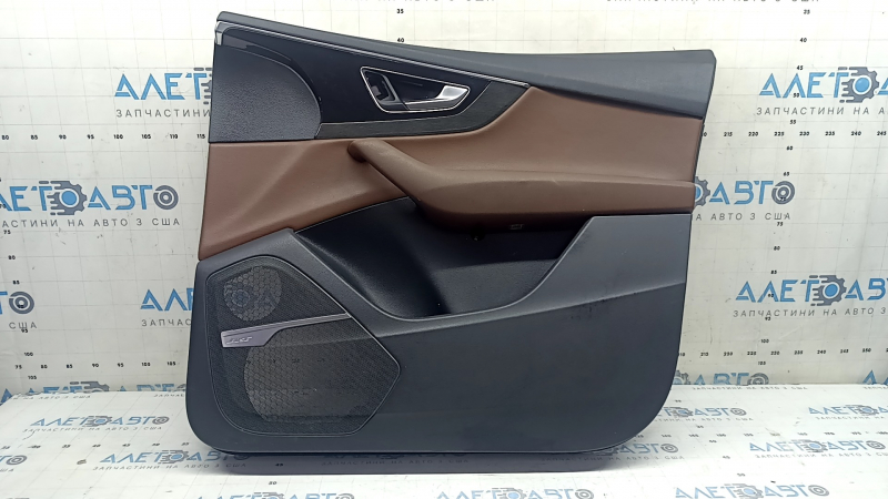 Front right door panel for the Audi Q7 16-19, black, brown leather insert, glossy black and dark wood trim, BOSE, brown leather armrest with handle, scratches, dent
