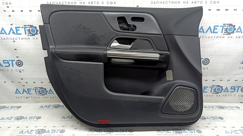 Door trim, front left, Mercedes H247 GLA 20-26, black leather, black leather insert, black leather armrest, dark gray molding, chrome trim, with handle and backlight