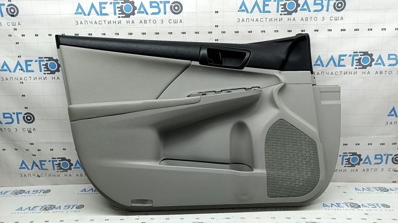 Front left door panel for Toyota Camry v50 12-14 USA, gray with gray insert, gray fabric armrest, wood-colored trim, scratches, scuffs, abrasions, dents, needs cleaning