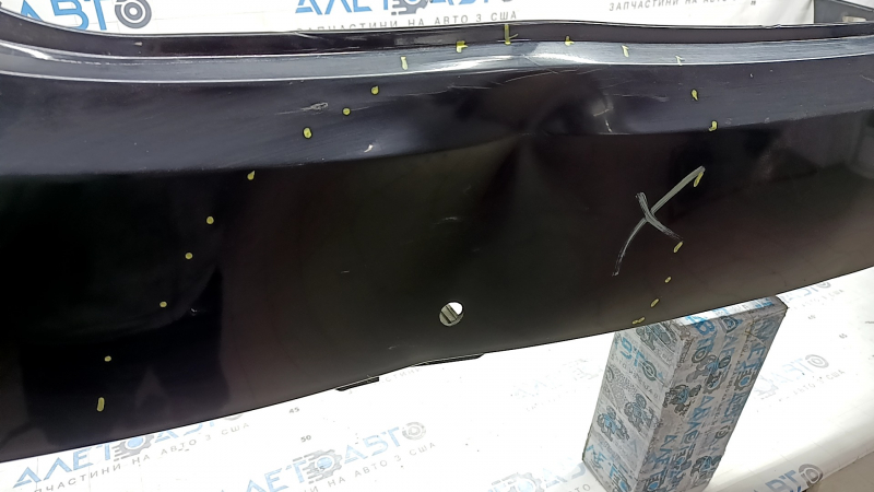 Lincoln MKZ 17-20 rear bumper, bare upper part, for 6 parking sensors, black UM, dented, cracks, scuffed, broken mount
