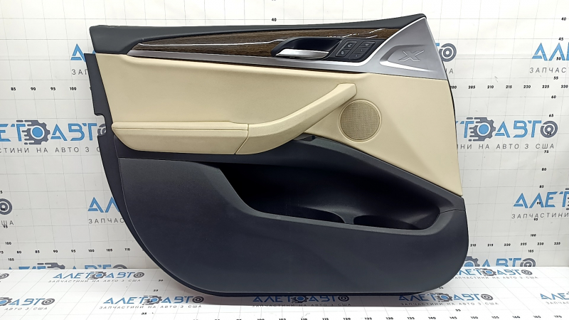 Door trim, front left, BMW X3 G01 18-21, beige leather, beige leather insert, gray stitching, dark oak Perlglanz Chrom wood insert, with handle, with buttons, scratches, scuffs, scratches
