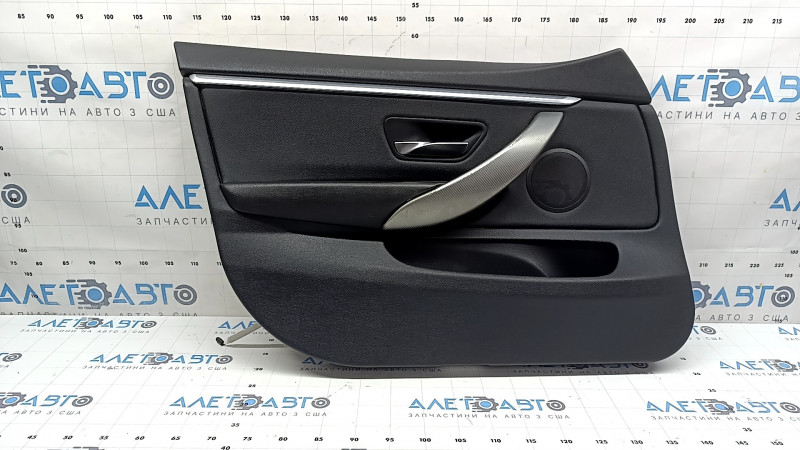 Front left door panel for BMW 4 Series F36 15-20 Gran Coupe, with backlighting, black leather, wood trim, peeling handle cover, broken mount, scratches, dents, needs cleaning