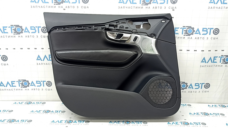 Black front left door panel for Volvo XC90 16-22, armrest and insert in black nappa leather, grey stitching, Bowers and Wilkins, with handle, scratches, dented, broken fastening