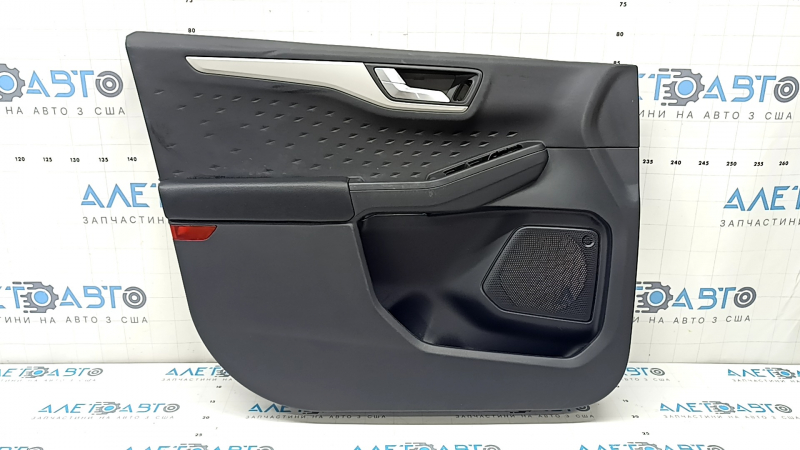 Front left door panel for Ford Escape MK4 2020-2022, black with black plastic insert, black leather armrest, gray molding, with handle, scratches, dents