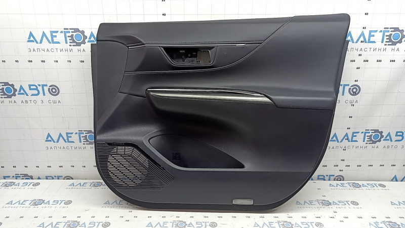 Door trim panel, front right, Toyota Venza 21-22 XLE, Limited, black leather with gray stitching, dark gray trim with chrome molding, no buttons, scratches