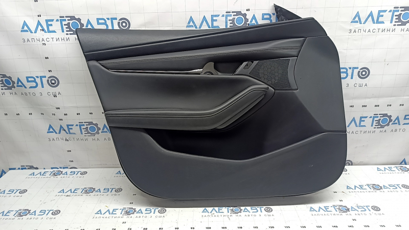 Front left door panel for Mazda 3 19-23 4D, black leather, Japan built, with speaker trim and handle cap, armrest and insert, black leather, brown stitching, scratches