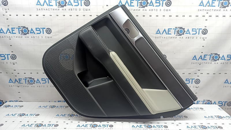 Hyundai Santa Fe 24-26 rear right door panel, gray, armrest and insert light gray, chrome molding, scratches on molding, ready for dry cleaning