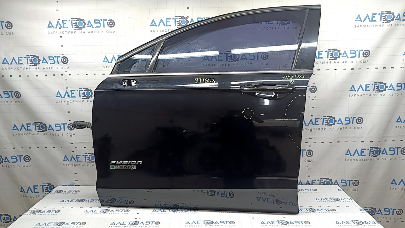 Front left door assembly for Ford Fusion mk5 13-20 hybrid energi, keyless, with code, triplex glass, black G1, bumpers, creased