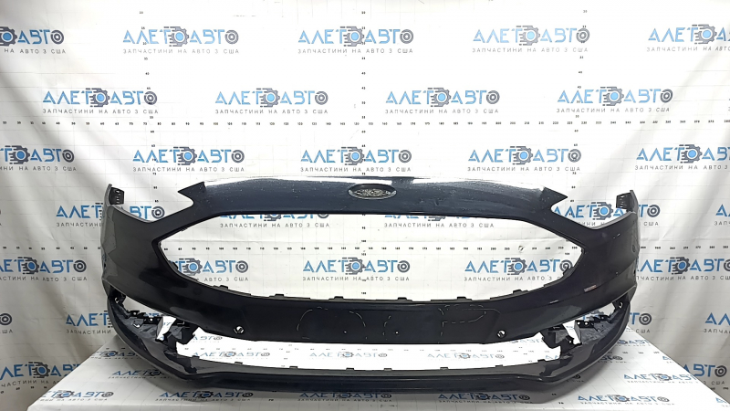 Front bumper, bare, Ford Fusion mk5 2017-2018, with 4 parking sensors and Park Assist, black, chips, non-factory holes, scratches, cracked