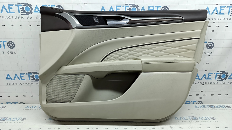 Front right door panel for Ford Fusion mk5 17-20, titanium, Platinum, gray leather, with gray diamond-pattern insert, wood-pattern insert, brown upper trim, with handle, backlit, scratches, dry-cleanable, whitened plastic