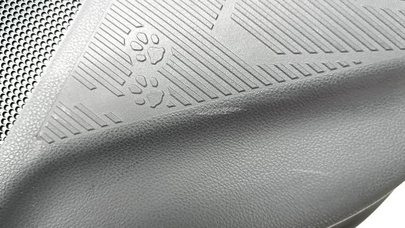 Subaru Forester 25-26 rear right door panel, black with gray fabric insert, gray rubber armrest, worn
