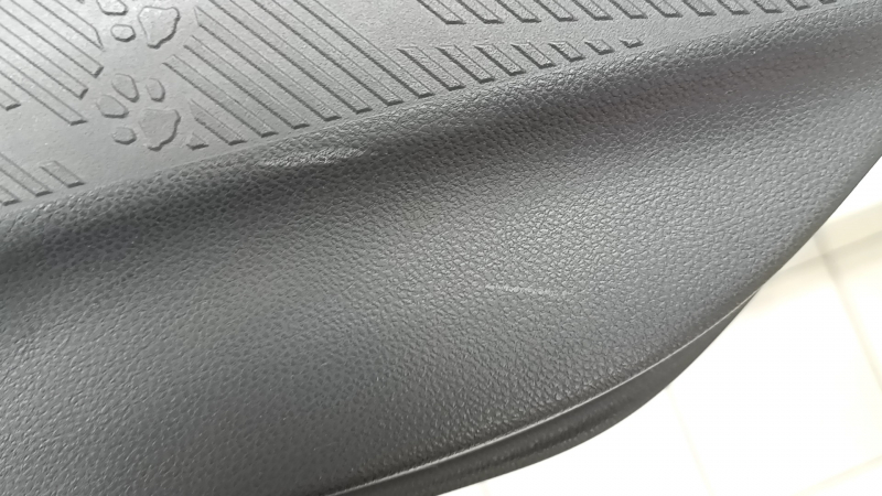 Subaru Forester 25-26 rear right door panel, black with gray fabric insert, gray rubber armrest, worn