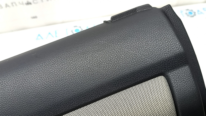 Subaru Forester 25-26 rear right door panel, black with gray fabric insert, gray rubber armrest, worn