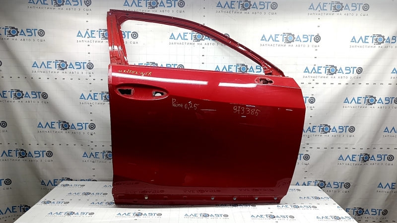 The front right door of a Lexus UX200 UX250h, 19-20, red 3T2, painted 0.25, dented, the sealant has cracked.