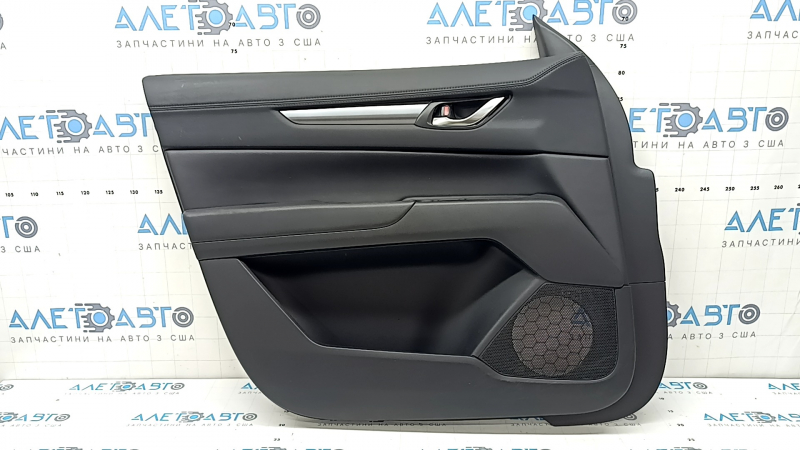 Mazda CX-5 17-23 black front left door panel with black leather insert, black leather armrest, gray molding, with handle, scuffs