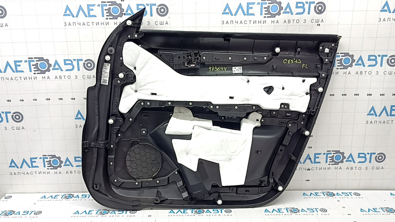 Mazda CX-5 17-23 black front left door panel with black leather insert, black leather armrest, gray molding, with handle, scuffs