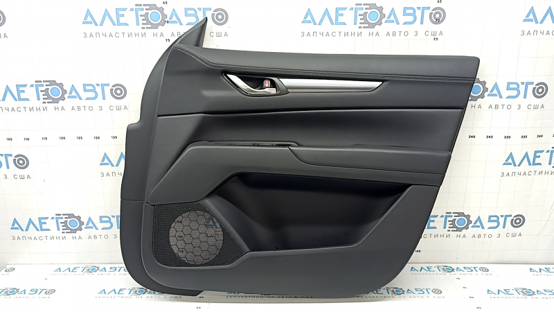 Mazda CX-5 17-23 black front right door panel with black leather insert, black leather armrest, gray molding, with handle, scratches