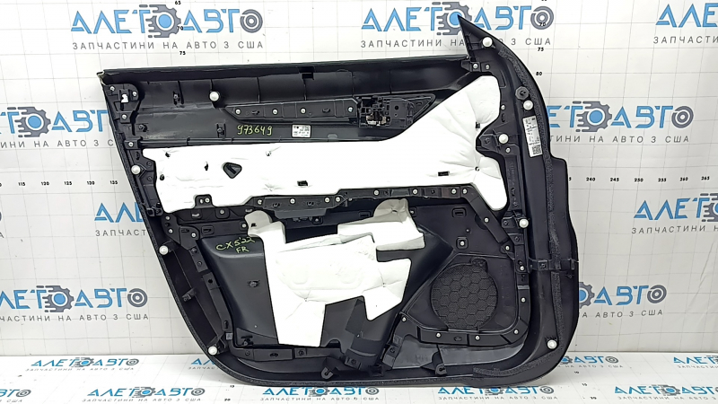 Mazda CX-5 17-23 black front right door panel with black leather insert, black leather armrest, gray molding, with handle, scratches