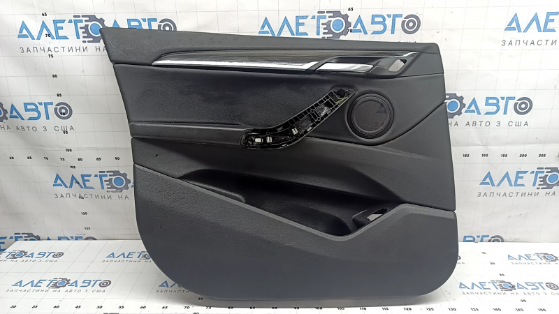 Door trim, front left card, BMW X2 F39 18-23, Sensatec leather, black, armrest, black leather, molding in dark wood with chrome opening handle, with backlighting and speaker grilles, dry-cleanable, scratches