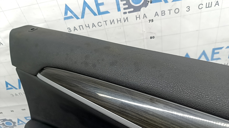 Door trim, front left card, BMW X2 F39 18-23, Sensatec leather, black, armrest, black leather, molding in dark wood with chrome opening handle, with backlighting and speaker grilles, dry-cleanable, scratches