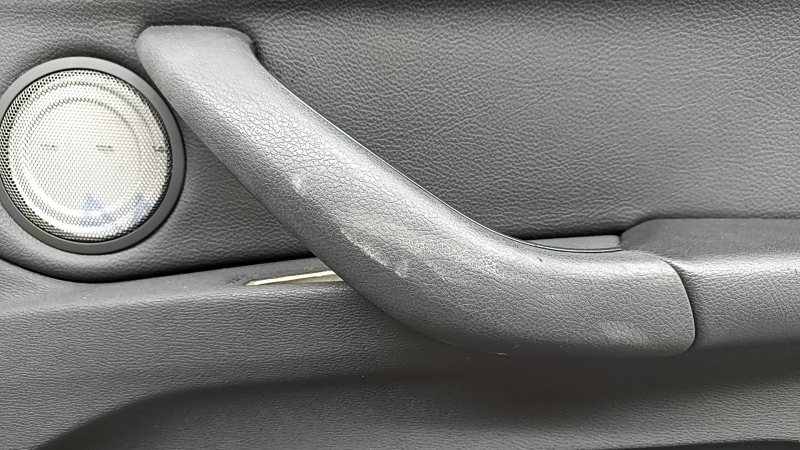 Door trim, front right card, BMW X1 F48 16-22, Sensatec leather, black, armrest and handle, black leather, aluminum molding with blue insert, with chrome opening handle, with backlight and speaker grille, worn, bent molding