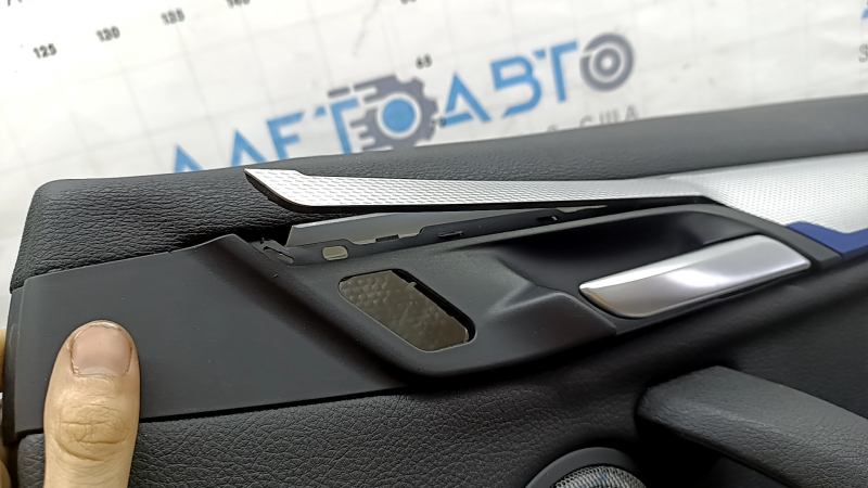 Door trim, front right card, BMW X1 F48 16-22, Sensatec leather, black, armrest and handle, black leather, aluminum molding with blue insert, with chrome opening handle, with backlight and speaker grille, worn, bent molding