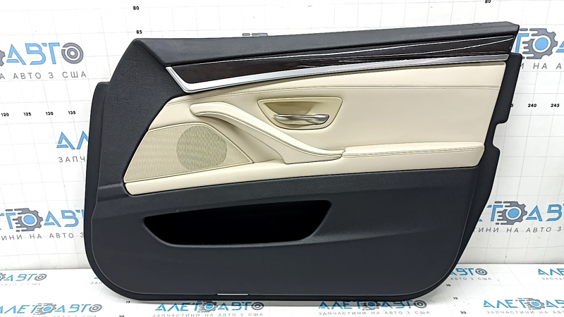 Door trim, front right card, BMW 5 F10 11-16 leather, insert and armrest in Nappa Elfenbein Weiss leather, with backlighting, molding in brown wood Perlglanz Chrome, with handle, scratches, needs cleaning