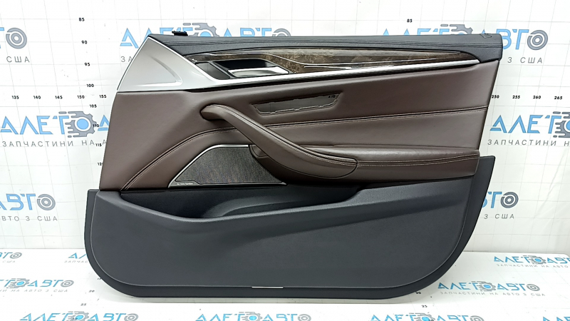 Door trim, front right card, BMW 5 G30 17-23, black, with seat memory, armrest and insert in dark brown leather, molding in walnut root wood, with handle and Harman Kardon trim, with backlighting, scratches