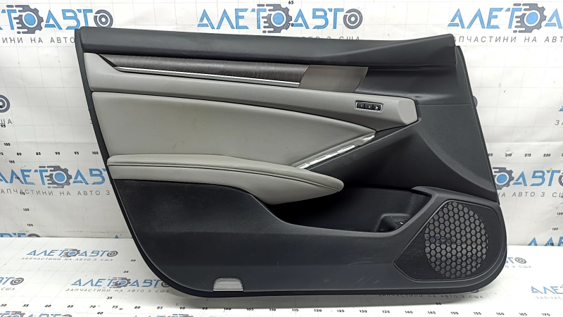 Door trim, front left, Honda Accord 18-18, black, with gray leather insert, gray leather armrest, molding in gray wood, with seat memory, with seat memory and trunk release buttons, worn, ready for dry cleaning