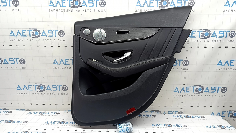 Door trim, rear right card, Mercedes GLC 16-22, black leather, insert in black structural wood, armrest in black leather, Burmester, with illumination, with handle, scratches