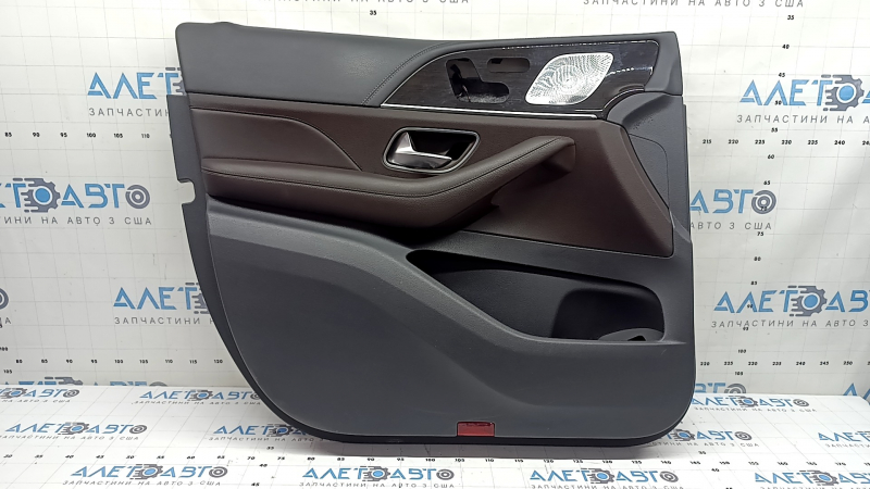 Door trim panel front left complete Mercedes W167 GLE 350 450 20-25 dark gray, insert and armrest brown leather, molding under dark wood, with handle, Burmester, scratches