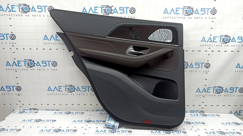 Door trim, rear left card, complete Mercedes W167 GLE 350 450 20-23, dark gray, insert and armrest, brown leather, molding under dark wood for seat control, with handle, Burmester, without curtain, scratches