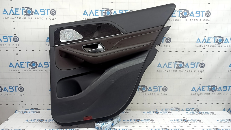 Door trim, rear right card, complete, Mercedes W167 GLE 350 450 20-25, dark gray, insert and armrest, brown leather, molding under dark wood for seat control, with handle, Burmester, without curtain, scratches