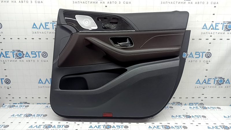 Door trim, front right card, complete, Mercedes W167 GLE 350 450 20-25, dark gray, insert and armrest, brown leather, molding in dark wood, with handle, Burmester, scratches