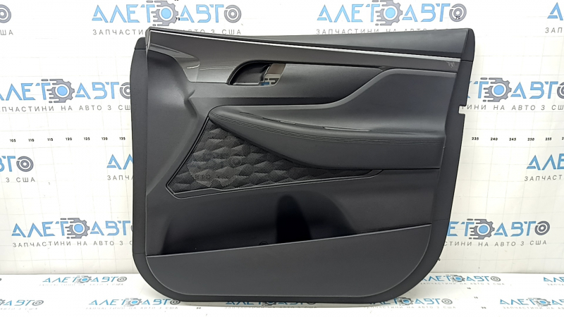 Door trim, front right card, Hyundai Santa FE 21-23, black, with overlay, insert and armrest, black leather, molding, gray diamond, scratches