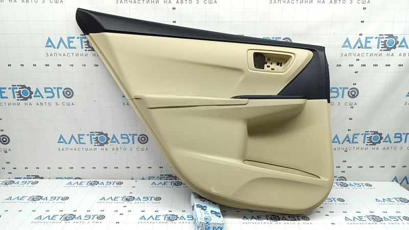 Door trim, rear left card, Toyota Camry v55 15-17 usa, beige with beige plastic insert, rubber armrest, with window lift control, scratches, dry-cleanable, whitened plastic