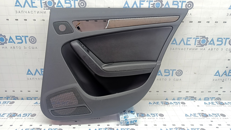 Door trim, rear right card, Audi A4 B8 13-16 rest, black, with black leather insert, black leather armrest, sedan without curtain, molding with dark wood structure, with buttons, scratches, broken fasteners, tears