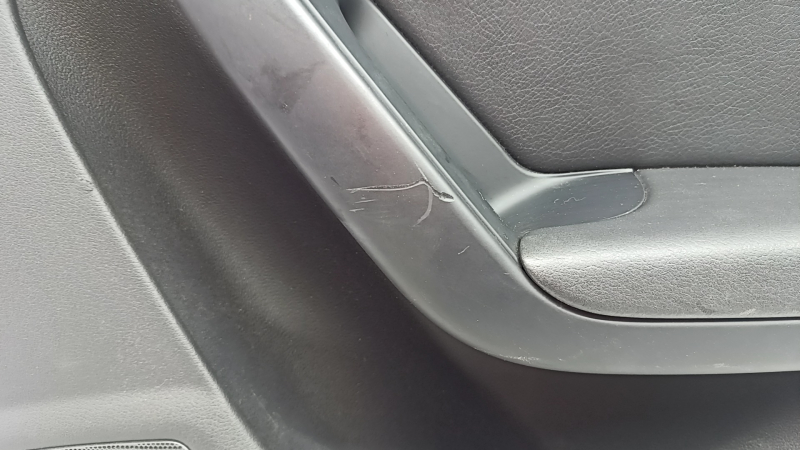 Door trim, rear right card, Audi A4 B8 13-16 rest, black, with black leather insert, black leather armrest, sedan without curtain, molding with dark wood structure, with buttons, scratches, broken fasteners, tears